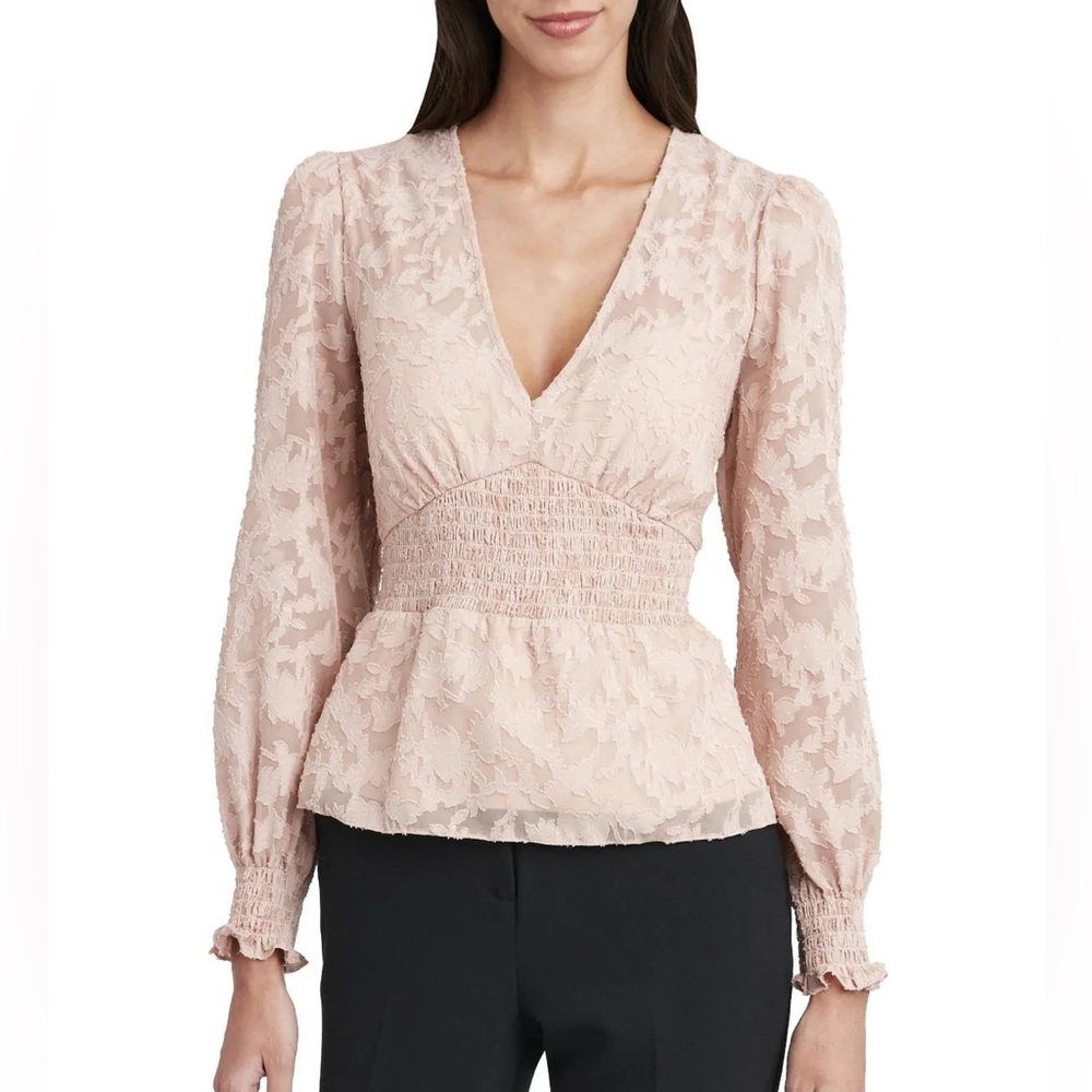 BCBGMAXAZRIA Womens V-neck Woven Floral Peasant Long Sleeve lined blouse Top EUC